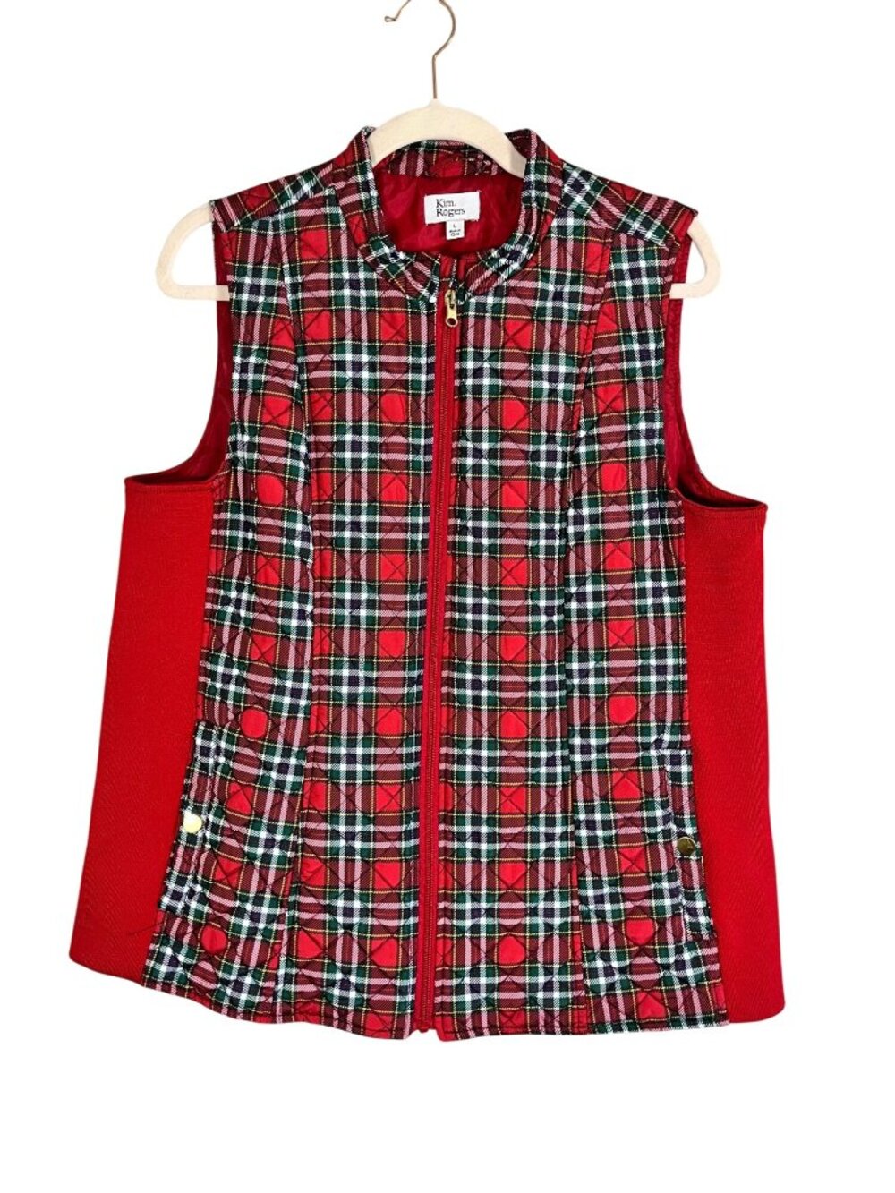 Colorful Plaid Quilted Puff Vest Red L Festive Holiday Christmas Preppy Retro